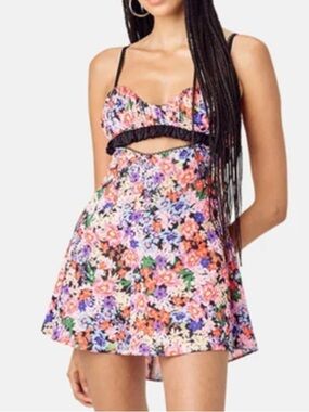 For Love & Lemons Silk Multicolor Floral Cami Mini Dress with Black Trim